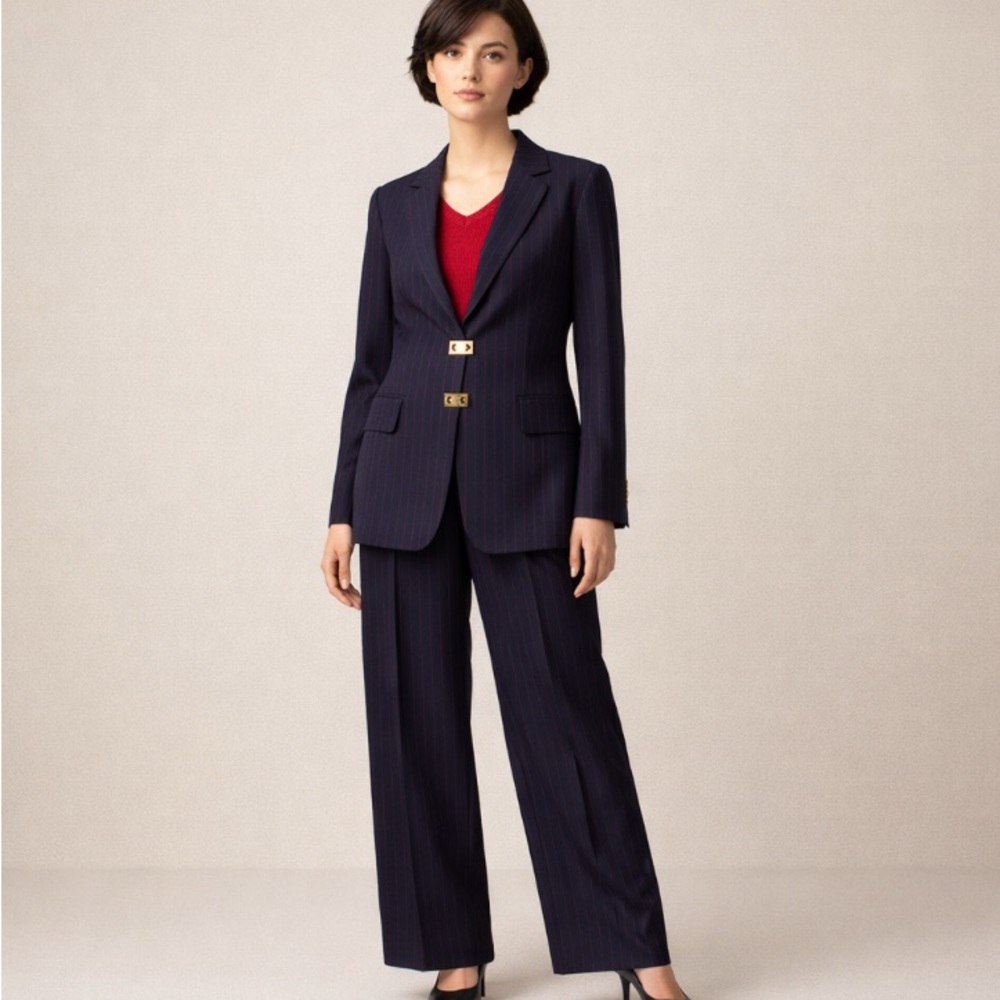 Vintage 90’/Y2K Escada Navy Power Suit – Wool Blazer & Wide-Leg Trousers